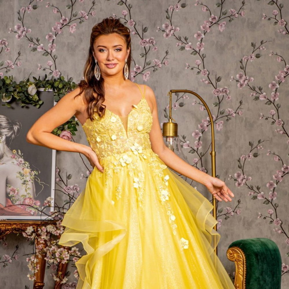 NEW FORMAL SLEEVELESS GOWN EMBROIDERED WITH FLORAL APPLQIUE AND SEQUINS GL3356